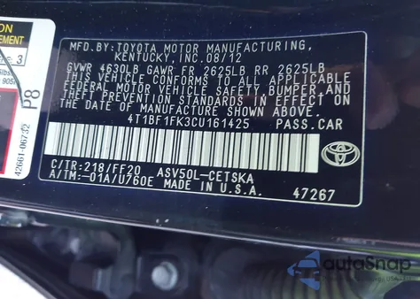 2012 Toyota Camry Se Limited Edition z USA, uszkodzony, nr VIN 4T1BF1FK3CU161425